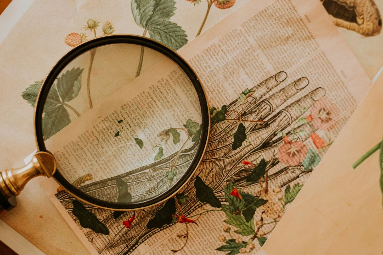 A magnifying glass lies over a printed anatomical hand illustration surrounded by flowers, leaves and small text.